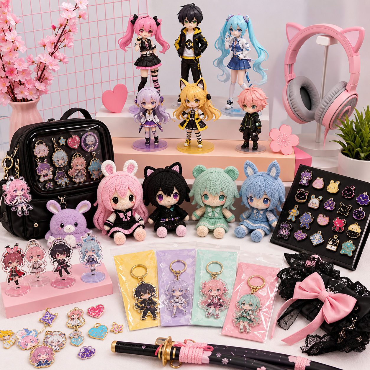 Anime-style figurines, crochet plushies, pins, keychains, and cosplay accessories arranged for an online shop