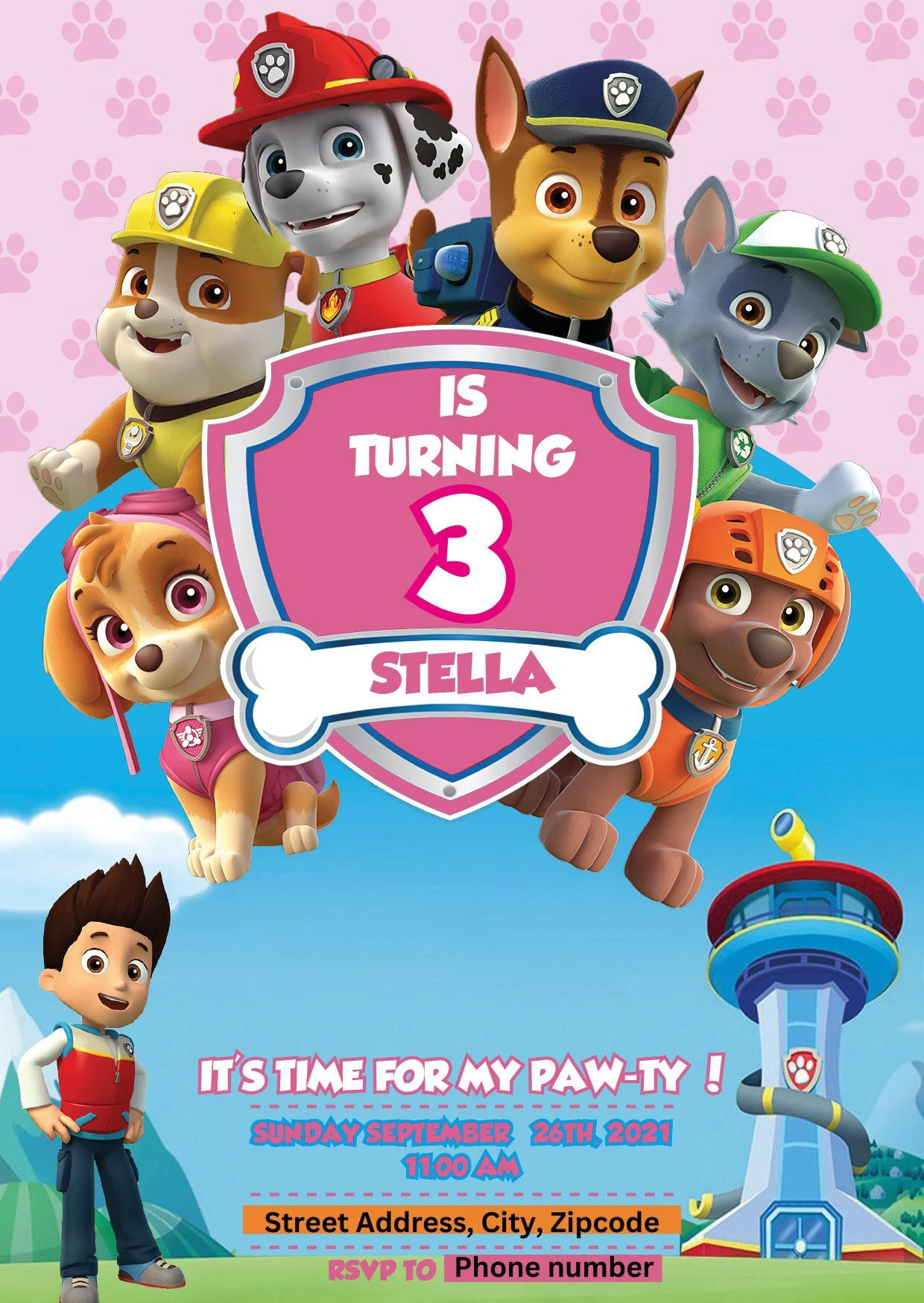 Custom Paw Patrol-inspired third birthday invitation