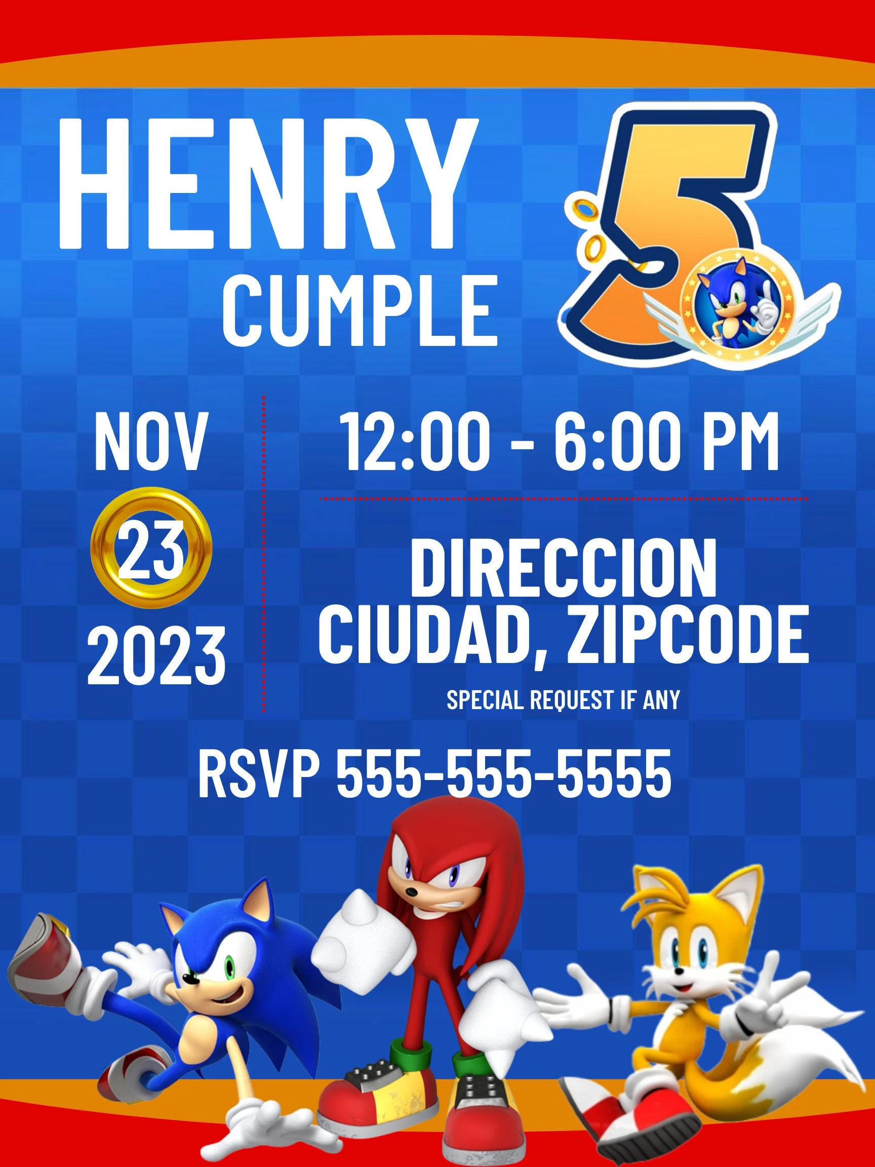 Personalized Sonic-inspired fifth birthday invitation
